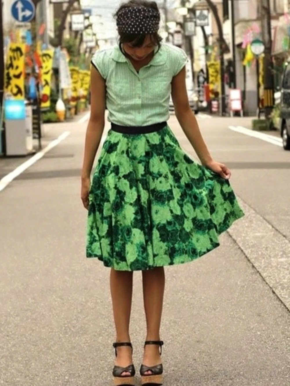 Anthropologie Edme & Esyllte Green Floral Full Skirt